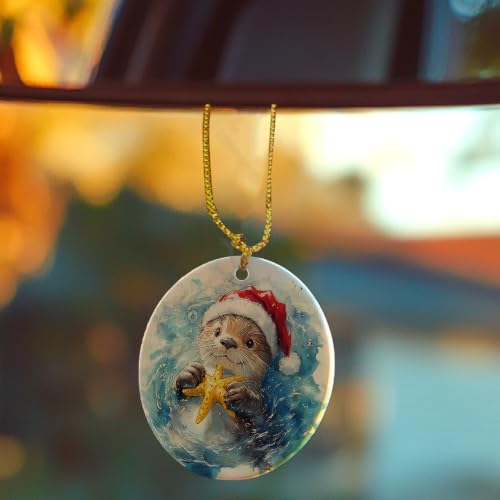 Coastal Beach Santa Sea Otter Christmas Ceramic Ornament