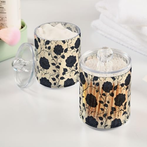 2 Pack Qtip Holder Organizer Dispenser Black Roses Tile Pattern Bathroom Storage Canister Cotton Ball Holder Container for Cotton Pads (2 Count)