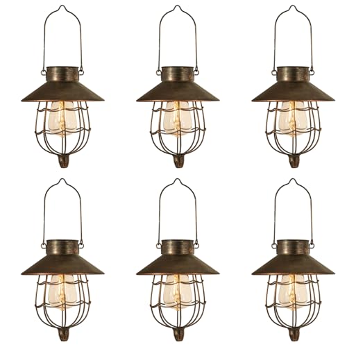 6 Pack Solar Lantern Hanging Waterproof Outdoor Metal Solar Lamp with Warm White Light Decorate for Yard Garden Pathway Patio Porch (6 Count)