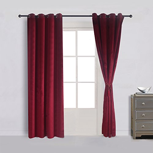 Set of 2 Velvet Flannel Room Darkening Blackout Curtains Panels Drapes Grommet 52 Wide by 108 Long Burgundy for Living Room (2 Count)