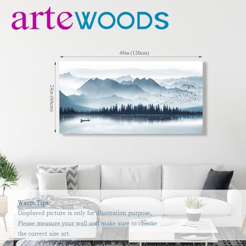 Indigo Canvas Wall Art Misty Mountain Wall Pictures Foggy Lake Boat Painting Prints Forest Birds Artwork Wall Decor for Living Room Wall Decorations Framed Ready to Hang 24" x 48"