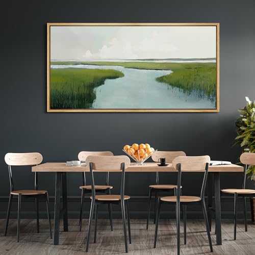 Extra Large Framed Canvas Print Wall Art Serene Marshland Landscape Green and Blue Peaceful Illustrations Antique Retro Fine Art Illustrations Decorative Colorful for Bedroom