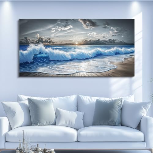 Large Canvas Wall Art Blue Ocean Wave Landscape Painting 30"X60"