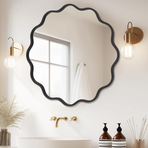 Black Round Mirror 32 Inch Wavy Bathroom Vanity Mirror Black Frame Modern Wall Mirror Decorative Wall