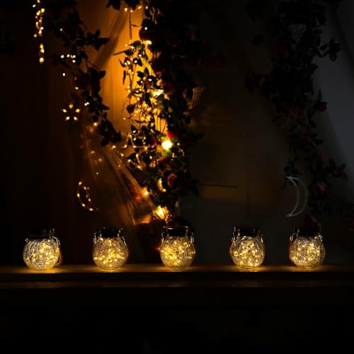 6 Pack Gifts for Him Her Solar Lanterns Outdoor Waterproof Heavy Crackle Glass 30 LED Warm Firefly Lights Solar for Women Mom Grandma Outdoor Table Lamps Garden Yard Decor (6 Count)