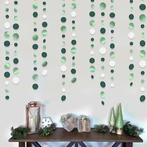 46 Ft Sage Green Party Decorations Metallic Sage Green White Polka Dots Garlands Hanging Paper Circle Dots Streamer for Birthday Engagement Graduation Wedding Party Decorations Supplies