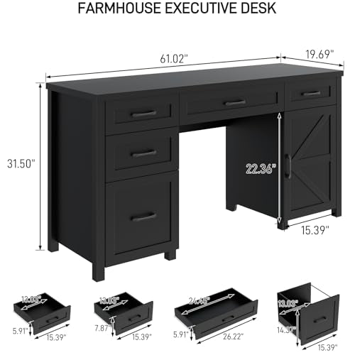 Farmhouse 61'' Executive Desk with 5 Drawers