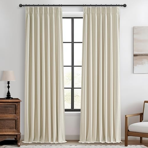 Pinch Pleat Cream Linen 102 Inch Long Curtains for Dining Room 2 Panels Set