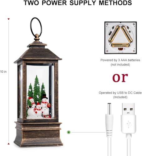 Christmas Snow Globe Water Lantern with Snowman Family Sledding Scene Battery Operated or USB Powered Musical Lighted Holiday Decoration for Tabletop Display for Family and Friends