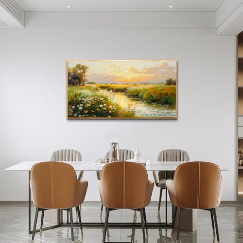 Wood Framed Canvas Wall Art For Living Room Wall Decor For Bedroom Office Wall Decoration Pastoral Scenery Painting Water edge Pictures Artwork Room Aesthetic Home Decor 20x40 In