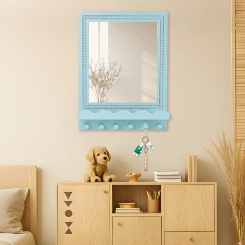 16x12 Inch Wall Mount Beaded Wood Framed Mirror with Shelf and 6 Hooks