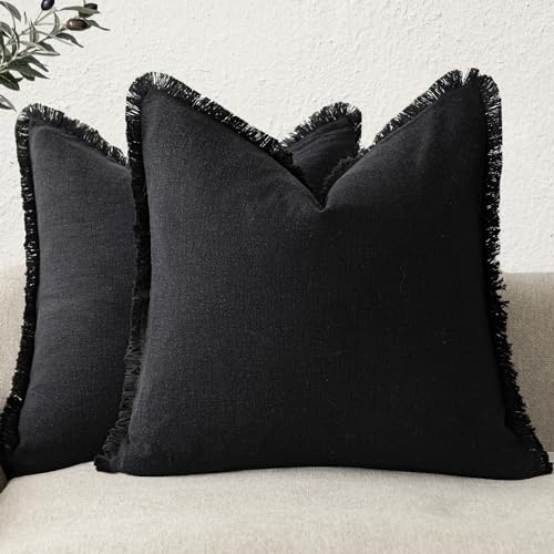 Decorative Linen Fringe Throw Pillow Covers 16×16 Inch (2 Count)