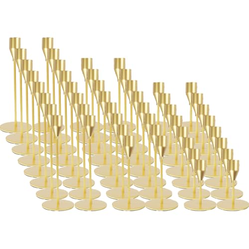Matte Gold Candle Holders Bulk Painted Gold Metal Candlesticks Fit 0.8 Inch Taper Candles Decorative Metal Candelabra for Wedding Home Holiday Anniversary Party Dinning Table Decors (36 Count)