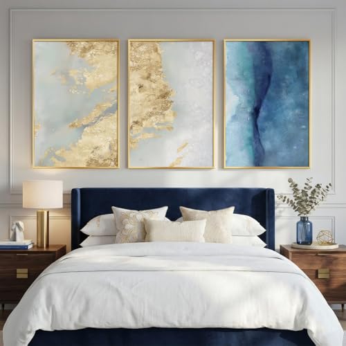 Large Framed Blue Gold Abstract Wall Art for Living Room (3 Count)