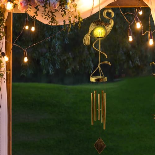 Flamingo Solar Wind Chimes for Outside Gifts for Women Mom Grandma Sister Crackle Glass Ball Flamingo Wind Chimes Solar Lights Outdoor Decor for Garden Backyard Patio Yard Porch