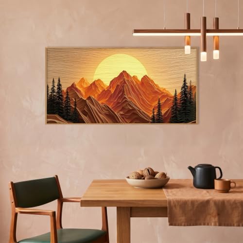 Large Boho Golden Mountain Framed Canvas Wall Art Set
