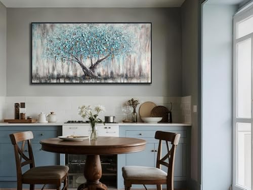 Framed Blue Tree Canvas Wall Art Tree of Life Teal Living Room 40x20