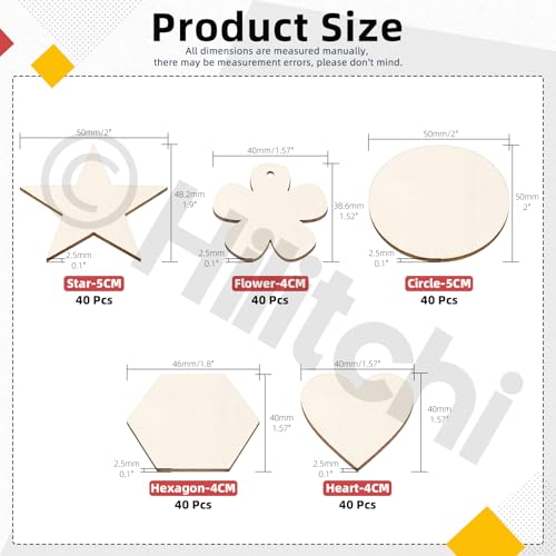 200Pcs Multi Shape Unfinished Wooden Crafts DIY Wooden Cutouts Star Flower Circle Hexagon Heart Shapes Unfinished Wood Slices Ornament for DIY Crafts Home Decorations (200 Count)