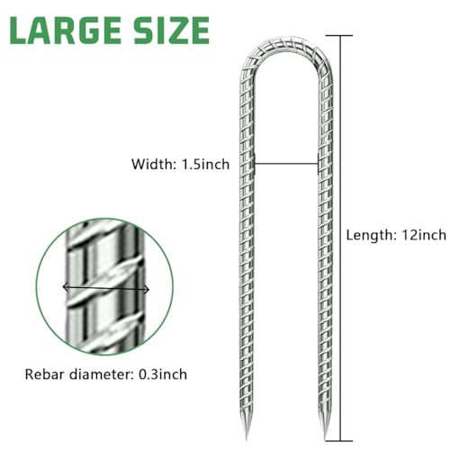 Rebar-Stakes-12-Inch, Ground Stakes Heavy Duty U-Hook Galvanized Anti-Rust Ground Anchors for Camping Tent Trampoline Accessories Dog Fence Chicken Coop Deer Fence 10pcs (10 Count)