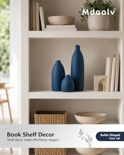 Matte Blue Vase Set Navy Blue Decor Coastal Decor Vases for Kitchen Island Living Room Office Table Fireplace Mantle Decorations & Bathroom Shelf Decor Centerpiece Table Decorations Ceramic (3 Count)