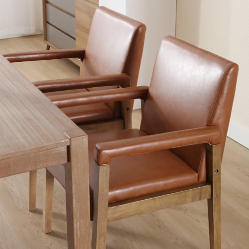 Modern Dining Chairs Set of 4 Faux Leather Kitchen Arm Chairs Upholstered Accent Chairs with Wooden Legs for Dining Room