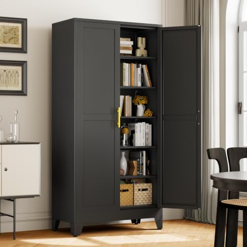 Metal Pantry Storage Cabinet with 2 Doors and 5 Adjustable Shelves