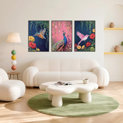 3 Pcs Birds Peacock Flowers Framed Canvas Wall Art 16x24 Inch