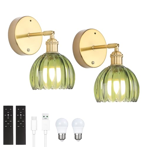 Battery Operated Vintage Wall Sconces with Green Tulip Glass Lampshade Battery Powered Wall Lighting for Bedside Bedroom Doorway