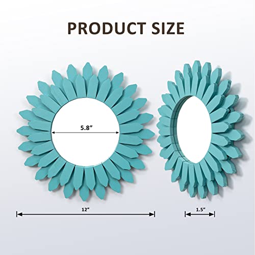 Beach Wall Decor Mirror 12 inch Wood Coastal Wall Decor Sunburst Boho Home Decor Room Decor for Bedroom Living Room Bathroom Cyan