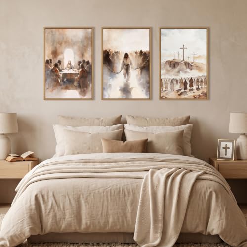 Large Jesus Neutral Framed Canvas Wall Art Set