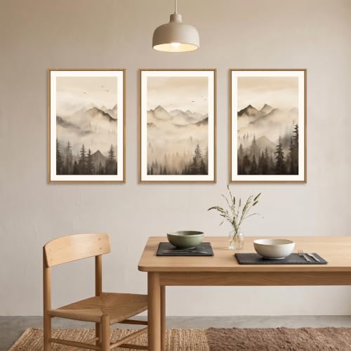 Neutral Misty Mountain Forest Framed Canvas Wall Art
