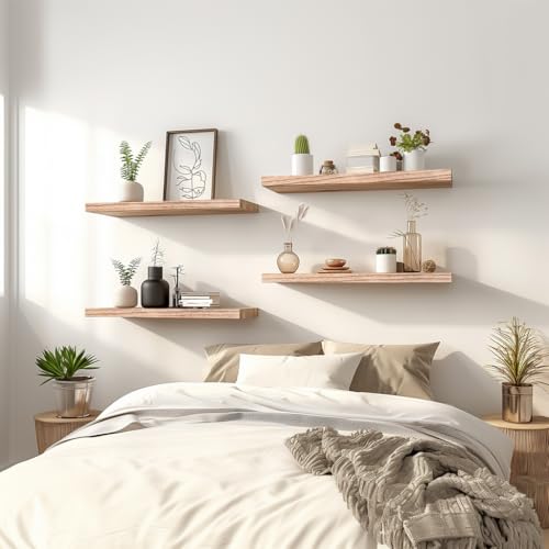 Light Wood Floating Shelves for Wall Rustic Wall Shelves for Bedroom Set of 6 (6 Count)