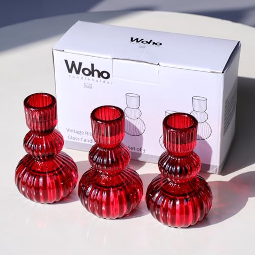 3pcs Red Taper Candle Holders Glass (3 Count)