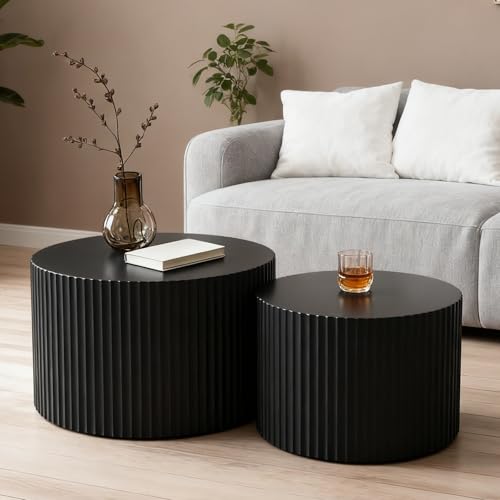 Black Round Fluted Nesting Coffee Table Set of 2 (2 Count)