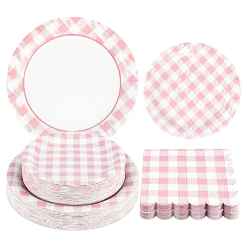 150 Pcs Pink Gingham Paper Plates and Napkins (150 Count)