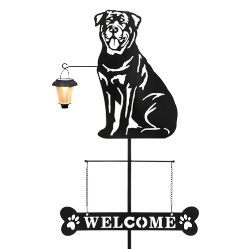 Solar Rottweiler Silhouette Dog Breed Welcome Sign with a Lantern