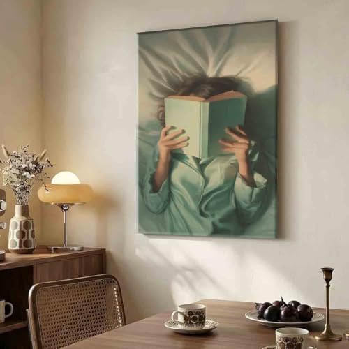 Emerald Green Reading Woman Wall Art Minimalist Abstract Portrait 16x24inch framed