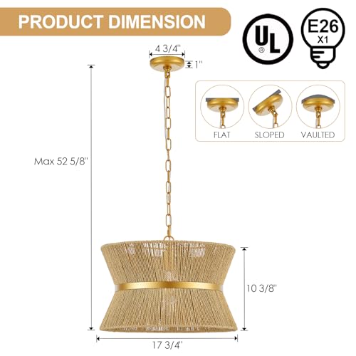 18” Hand Woven Rattan Boho Chandelier Brass Ajustable Pendant Light for Kitchen Island Living Room Bedroom Hallway