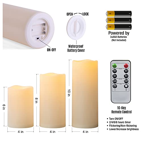 6" 8" 10" x 4" Waterproof Outdoor Flameless Candles Battery Operated LED Flickering Pillar Candles with Remote and Timer for Indoor Outdoor Lanterns (3 Count)