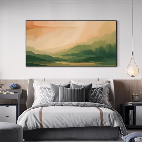 36"x72" Extra Large Framed Wall Art Serene Green Mountains Horizon Landscape Illustration for Home Living Room Bedroom Decor