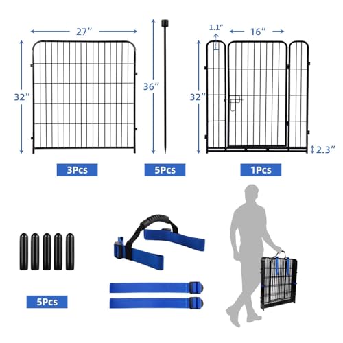 32 in(H) Garden Fences and Borders,1 Gate+3 Panels Dog Fence Outdoor for Yard, Heavy Duty Iron Metal Animal Barrier Fence, Camping Fence, Flower Garden Fencing,Total 8.9 Ft(L), Black (24 Sq Ft)