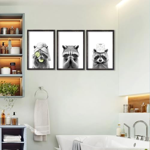Raccoon Bathroom Wall Art Decor Set of 3 16x11 Inch Black