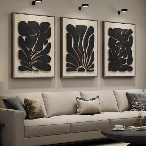 Large Framed Wood 3D Boho Black Floral Wall Art for Living Room (3 Count)