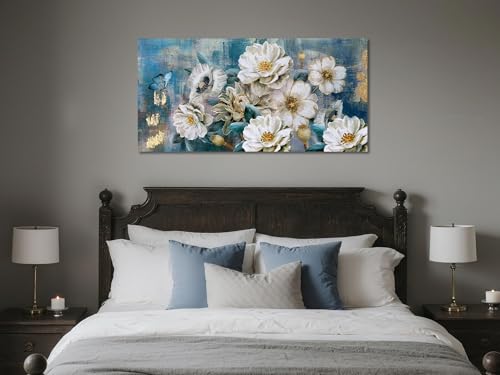 Flower Canvas Wall Art for Bedroom White Elegant Teal Picture