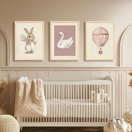 Wood Framed Pink Cute Bunny Nursery Wall Art Set of 3 (3 Count)