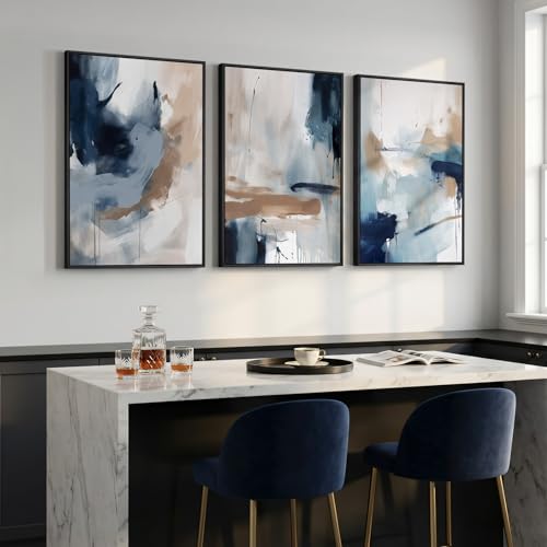 Large Framed Blue Neutral Abstract Wall Art for Living Room (3 Count)