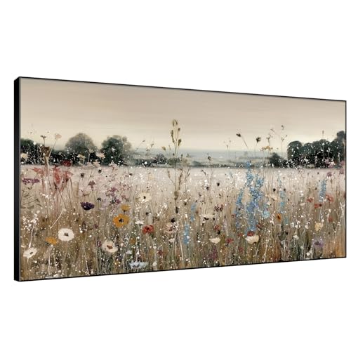24"x46" Extra Large Framed Wall Art Wildflower Meadow Landscape Soft Pastel Field with Blooming Flowers and Trees Illustration for Home Living Room Bedroom Decor