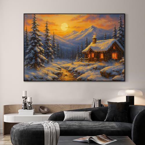 46"x72" Extra Large Framed Wall Art Cozy Cabin in Snowy Mountain Landscape at Sunset for Home Living Room Bedroom Decor