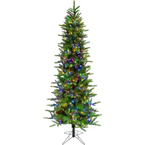 9 Ft. Carmel Pine Slim Artificial Christmas Tree with Dual Multicolor & Warm White LED Lights and Stand