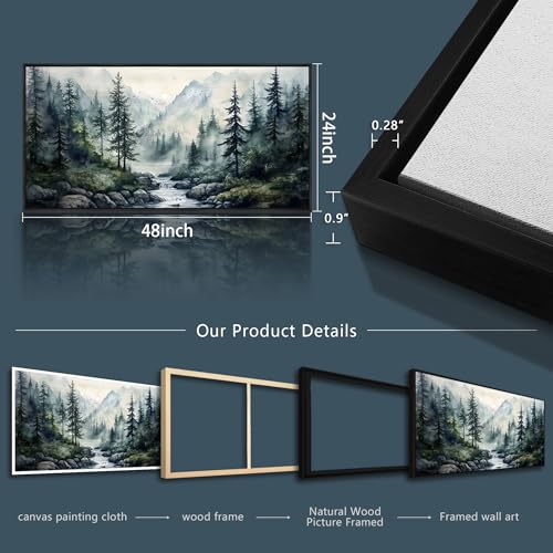 Large Black Framed Wall Decor For Living Room Canvas Wall Art For Office Modern Wall Decorations For Bedroom Misty Forest Painting Tree landscape Pictures Artwork Home Decor 24x48 In